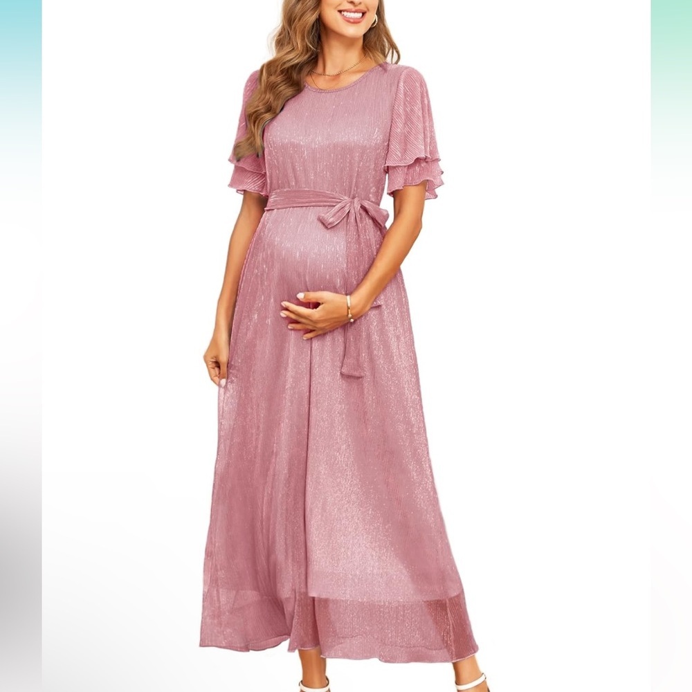 Maternity Sparkly Mesh Maxi Flowy Dress with Belt Ruffle Sleeves